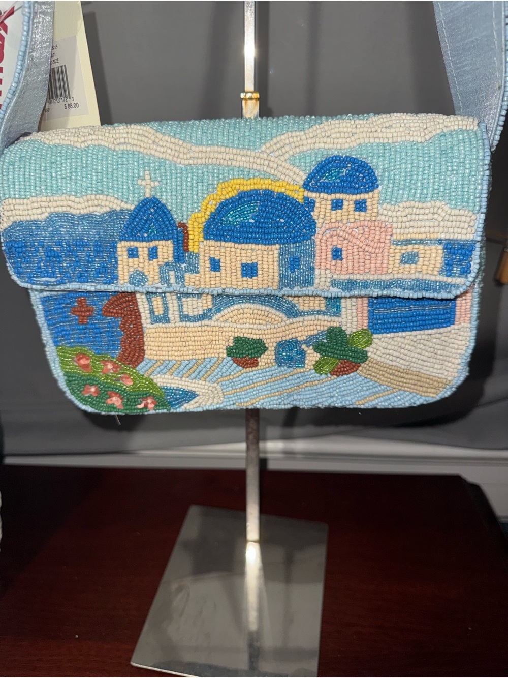 Beaded Mediterranean Scene Shoulder Bag - Blue, White, Green